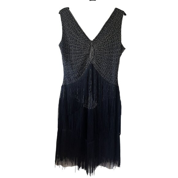 Unique Vintage 1920s Black Beaded Fringe Flapper Dress L - Picture 1 of 10